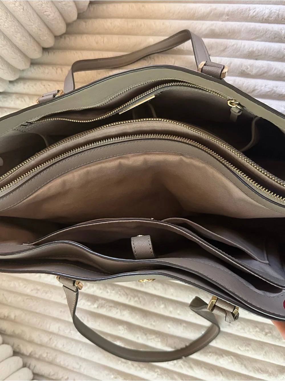 Tory Burch Saffiano Leather Tote in Taupe Gray with Gold Logo